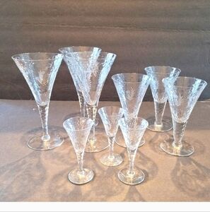 Antique Crystal Trumpet Etched Sherry/ Wine And Liquor Glasses